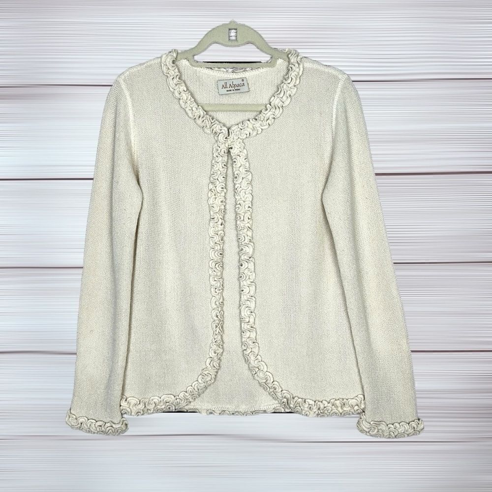 All Alpaca Ivory Cardigan Sweater Ruffle Details Hidden Button Closure M-L - Picture 4 of 14
